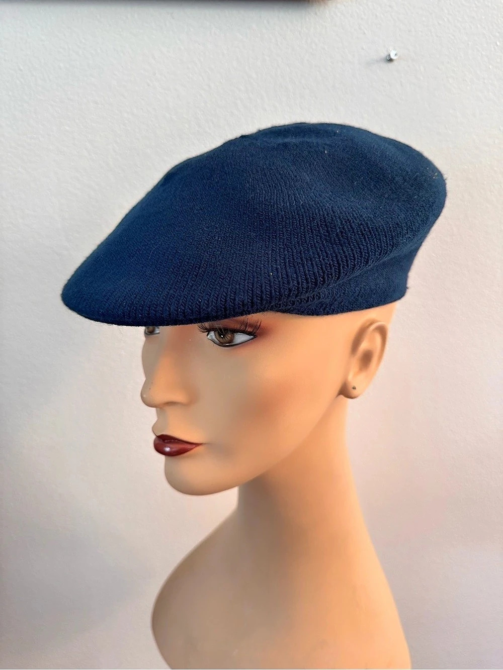 Vintage 70s 80s Everitt Navy Blue Knit Newsboy Cap Made in USA